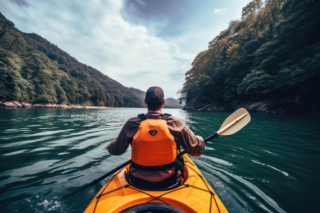 Giovane uomo in kayak sul lago in montagna Concetto di stile di vita attivo Vista posteriore di una persona che gode di un'attività ecologica di kayak Generato dall'IA