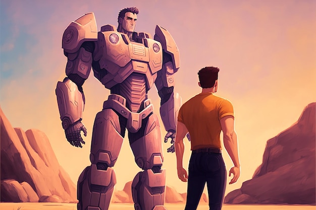 Giovane uomo in piedi e guardando un gigantesco robot sentinella in stile arte digitale illustrazione pittura concetto di fantasia di un ragazzo che guarda il robot