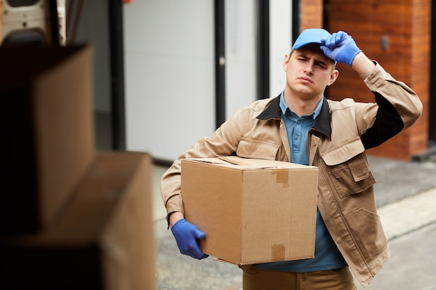 Giovane uomo in uniforme che porta una scatola di cartone al furgone che carica i pacchi