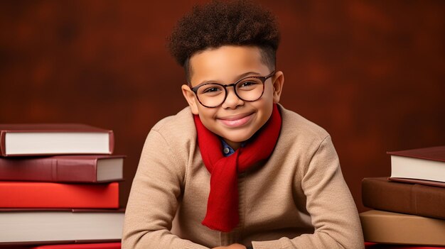 Giovane uomo nero con libri impilati Bambino intelligente con letteratura da leggere Educazione scolastica