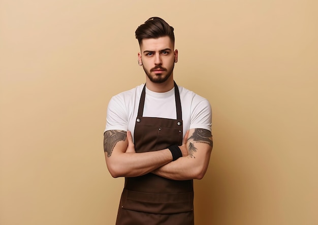 Giovane uomo pieno corpo barista barman impiegato indossa grembiule marrone lavoro in caffetteria hol AI generativa