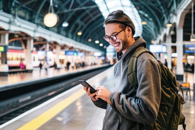 Giovane uomo sorridente che usa lo smartphone nella stazione ferroviaria