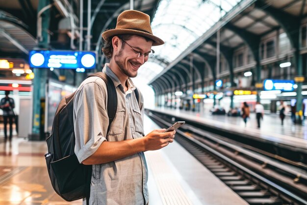 Giovane uomo sorridente che usa lo smartphone nella stazione ferroviaria