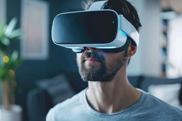 Giovane usa occhiali VR per l'istruzione online futuristica