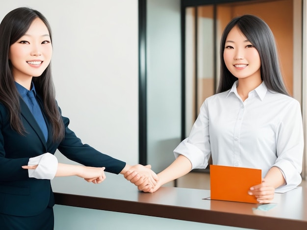 Giovane venditrice asiatica felice che guarda la telecamera che dà il benvenuto al cliente manager esecutivo donna sorridente