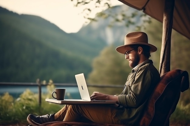 Giovane viaggiatore freelance che indossa un cappello ovunque Ai