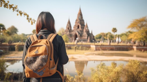 Giovane viaggiatrice asiatica con zaino che viaggia nella provincia di Ayutthaya in Thailandia