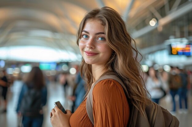 Giovane viaggiatrice che guarda indietro navigando attraverso l'aeroporto