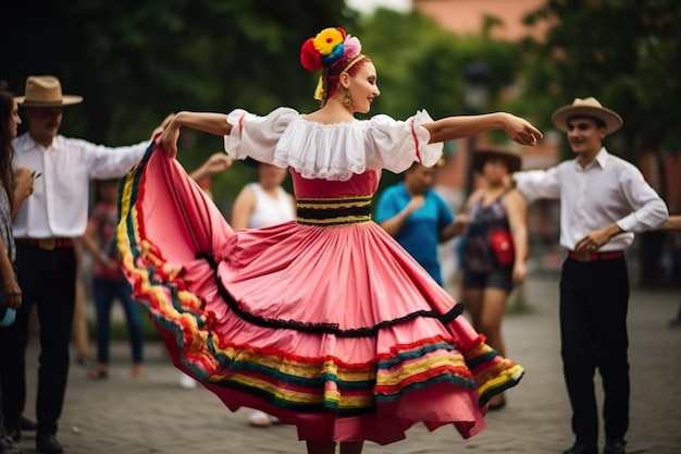 Giovani adulti che ballano all'aperto godendosi la festa tradizionale indossando costumi colorati generativi ai