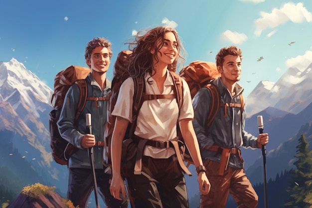 Giovani adulti che camminano in montagna sorridendo con gli zaini