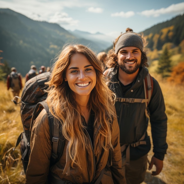 Giovani adulti che fanno un'escursione in montagna sorridendo con gli zaini