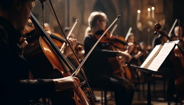 Giovani adulti che suonano musica classica su strumenti a corda durante un concerto generato dall'intelligenza artificiale