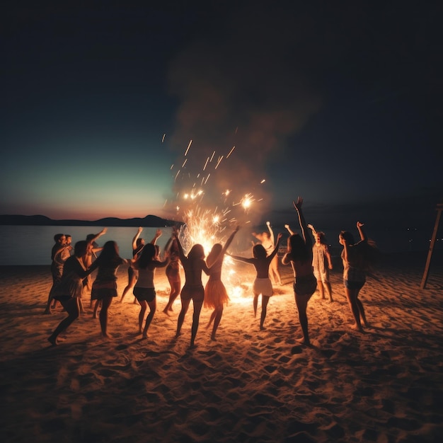 giovani adulti in abbigliamento da spiaggia alla moda che ballano attorno a un falò sulla riva sotto un cielo notturno limpido