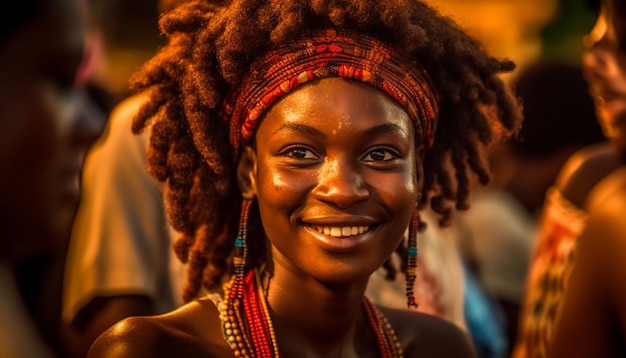 Giovani adulti sorridenti in abiti tradizionali celebrano la cultura africana all'aperto generata dall'intelligenza artificiale