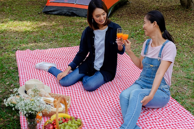 Giovani amici asiatici felici divertendosi mentre mangiando e bevendo ad un picnic.