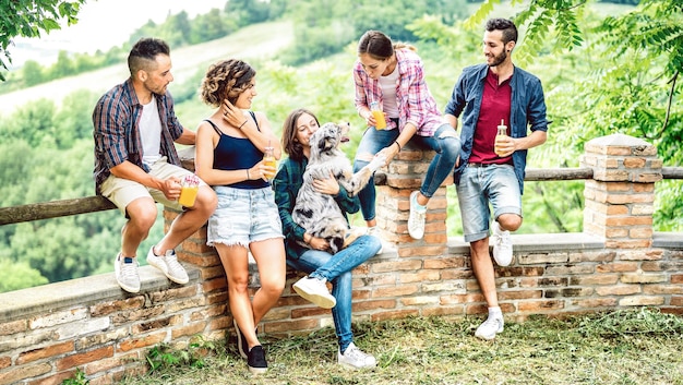 Giovani amici che giocano con il cane al picnic di un agriturismo di campagna