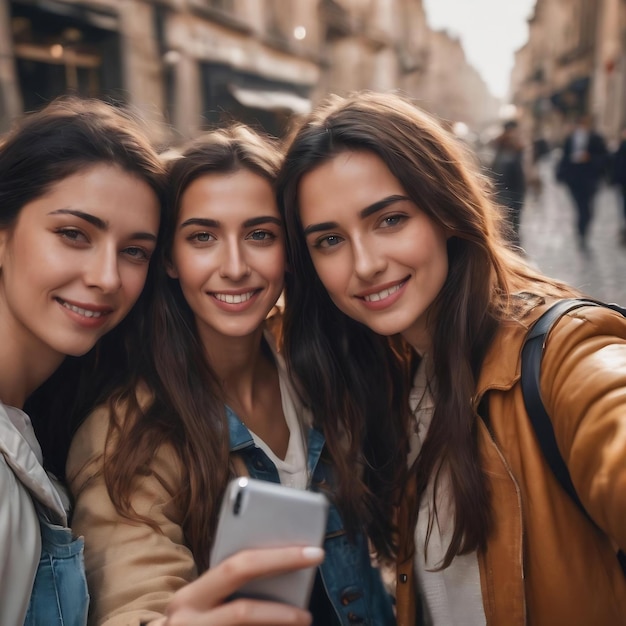 Giovani amici che si fanno un selfie per strada.