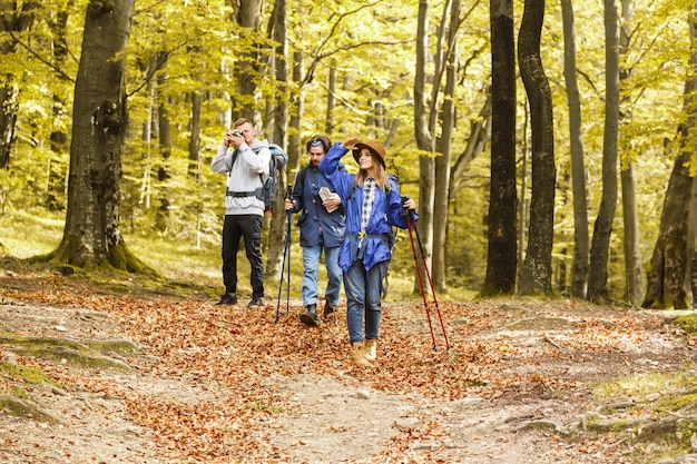 Giovani amici escursionisti con bastoncini da trekking che camminano nella foresta e cercano insieme alcuni luoghi nella foresta