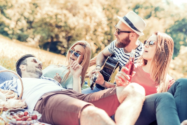 Giovani amici felici che hanno picnic nel parco