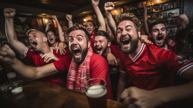 Giovani amici in magliette rosse con bicchieri di birra e barbe al bar che guardano felicemente il calcio