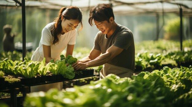 Giovani asiatici maschi e femmine che raccolgono insalata di lattuga fresca in serra