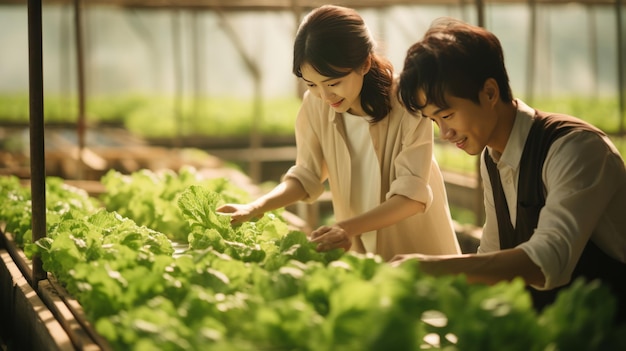 Giovani asiatici maschi e femmine che raccolgono insalata di lattuga fresca in serra