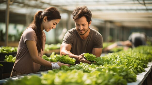 Giovani asiatici maschi e femmine che raccolgono insalata di lattuga fresca in serra