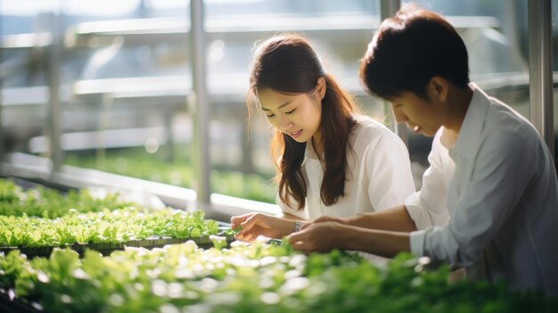 Giovani asiatici maschi e femmine che raccolgono insalata di lattuga fresca in serra