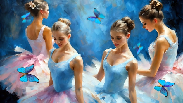 giovani ballerine in abiti blu ballano e volano farfalle morfo tropicali blu
