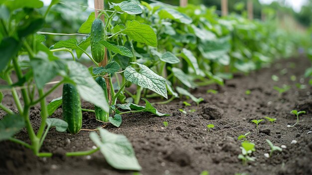 Giovani cetrioli che crescono sul suolo del giardino