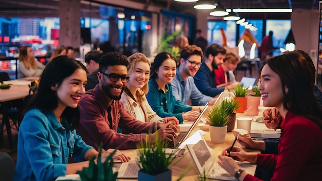 Giovani colleghi sorridenti seduti in un ufficio di coworking