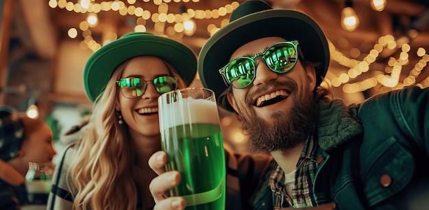 Giovani con cappelli verdi e bicchieri che tengono in mano una birra verde sono felici e sorridenti