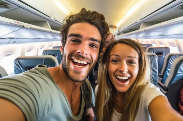 Giovani coppia bellissima che si fanno un selfie sull'aereo durante il volo intorno al mondo Sono un uomo e una donna che sorridono e guardano la telecamera Viaggio felicità e stile di vita AI generativa