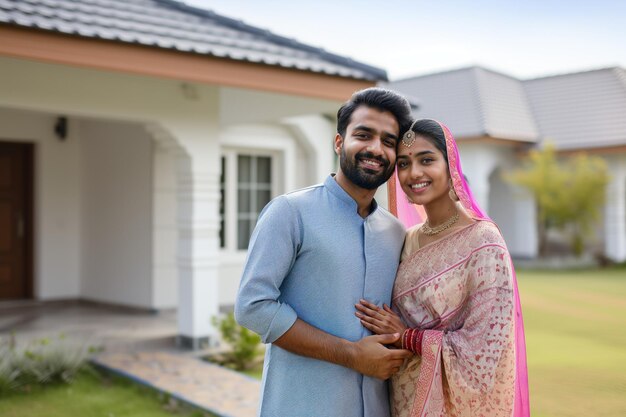 Giovani coppia indiana felice 20 davanti alla loro nuova casa concetto di affitto ipotecario di alloggi sociali