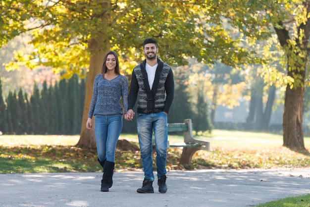 Giovani coppie che camminano nella foresta di autunno