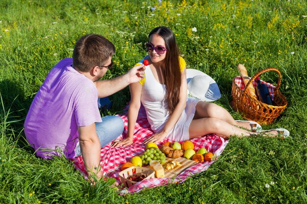 Giovani coppie che hanno picnic