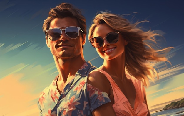Giovani coppie che sorridono durante una vacanza estiva AI