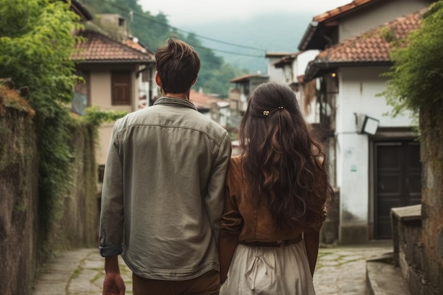 Giovani coppie di turisti innamorati che si tengono per mano passeggiando per la piccola città divertendosi camminando in città