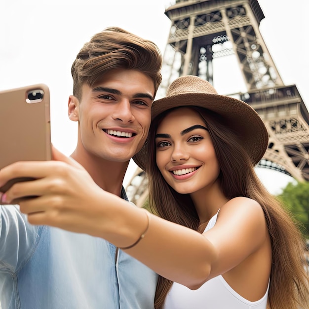 Giovani coppie felici che prendono selfie davanti alla torre Eiffel a Parigi Francia