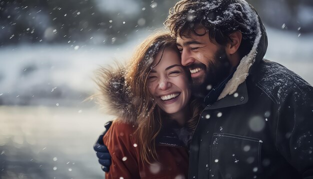 Giovani coppie felici che si abbracciano insieme la mattina d'inverno