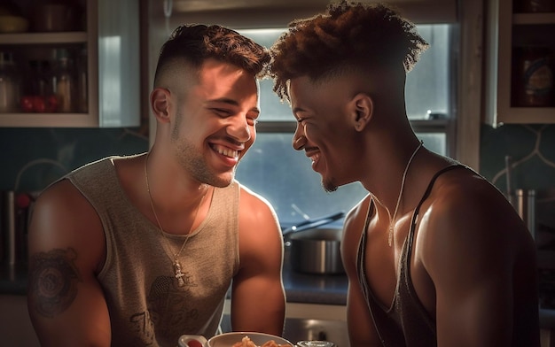 Giovani coppie gay felici e sexy che cucinano pasto insieme a casa
