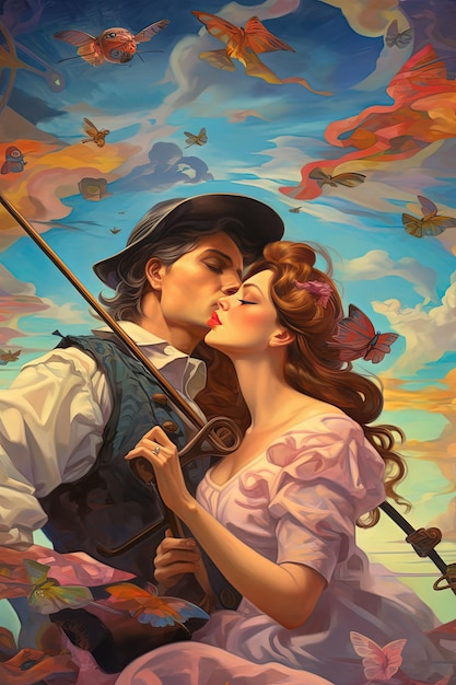 Giovani coppie romantiche opere d'arte farfalle con bel cielo opere d'arte colorate San Valentino amore
