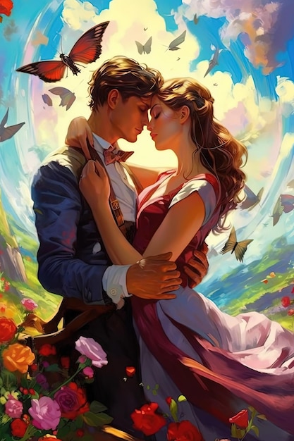 Giovani coppie romantiche opere d'arte farfalle con bel cielo opere d'arte colorate San Valentino amore