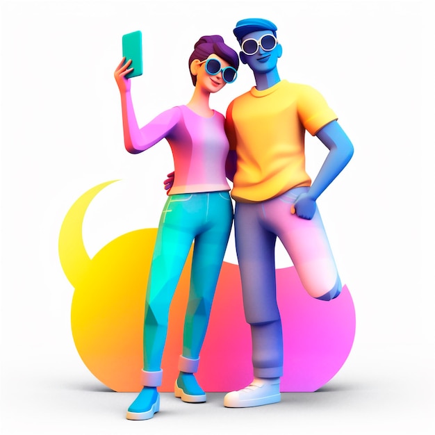 Giovani coppie sorridenti romantiche che fanno selfie su sfondo colorato stilizzato AI generato