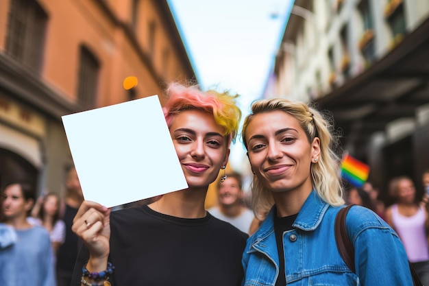 Giovani donne all'aperto con uno striscione durante una marcia di strada per i diritti LGBT Spazio per il testo IA generativa