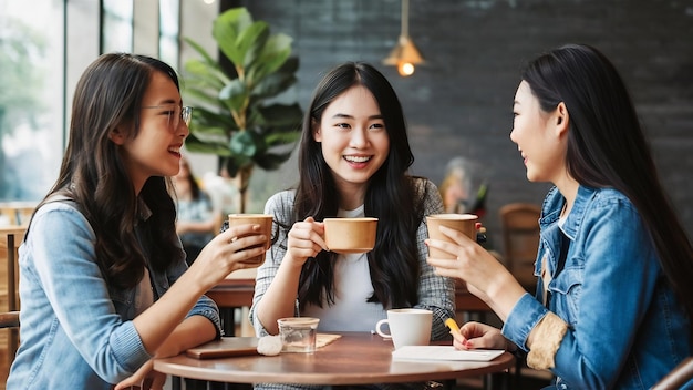 Giovani donne asiatiche allegre sedute in un caffè a bere caffè con gli amici e a parlare insieme