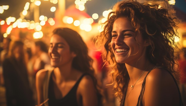 Giovani donne che si divertono e ridono a una festa o in un pub di strada atmosfera festiva con luci bokeh