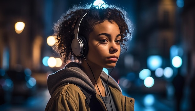 Giovani donne che si godono la vita notturna della città ascoltando con le cuffie generate dall'intelligenza artificiale