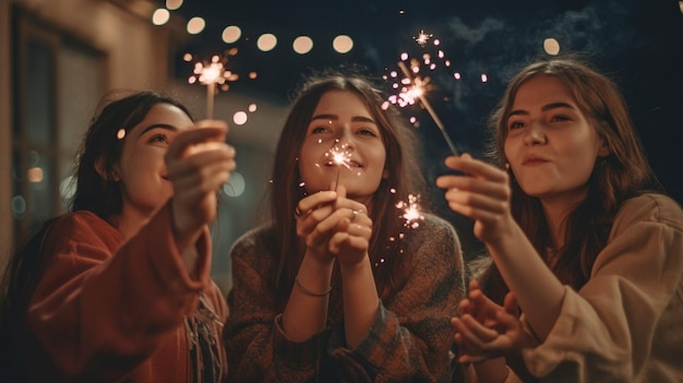 Giovani donne che soffiano coriandoli dalle mani Amici che festeggiano su una terrazza la sera IA generativa