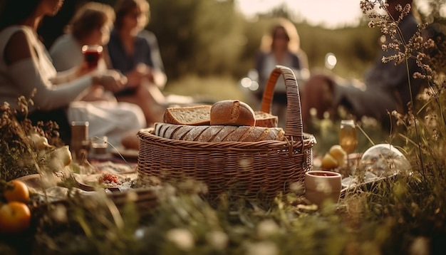 Giovani donne che sorridono godendosi insieme un picnic generato dall'intelligenza artificiale